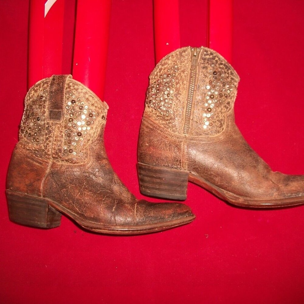 Vtg Frye Deborah Studded Aged-Leather Cowgirl Boots Handmade in Spain